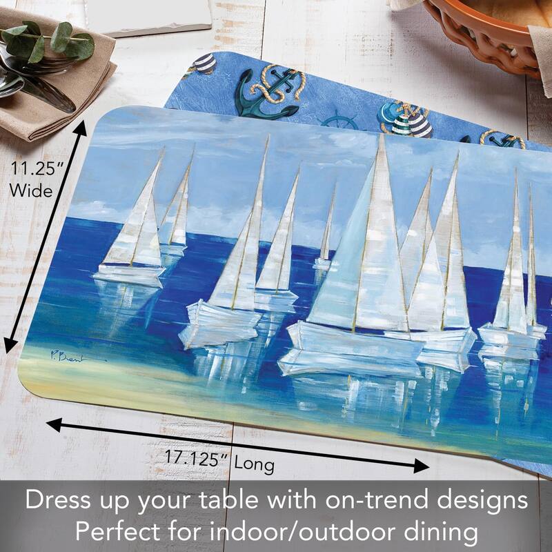 Blanco Beach Sailboats 4 Pack Reversible Easy Care Flexible Plastic Placemats Made in The USA BPA Free Easily Wipes Clean