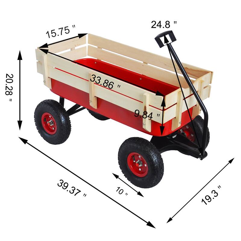 All-Terrain Yard Cart - Adjustable Handle, Large Capacity, Steel and Wood Construction with 180° Steering - Metal