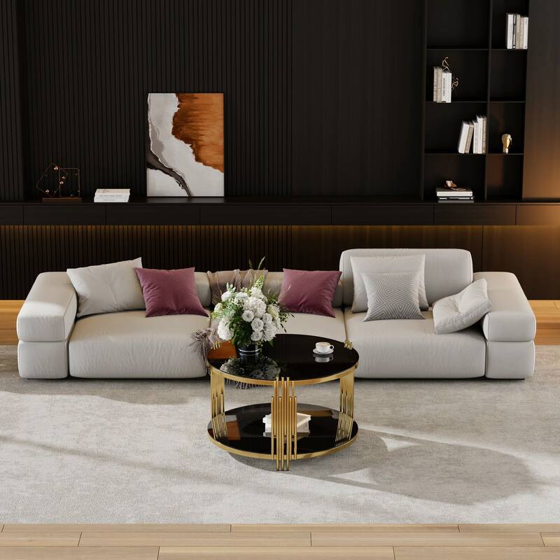 Roomfitters Modern Round Coffee Table, Glass Top with Gold Metal Frame and Lower Shelf, Elegant Living Room Accent Table
