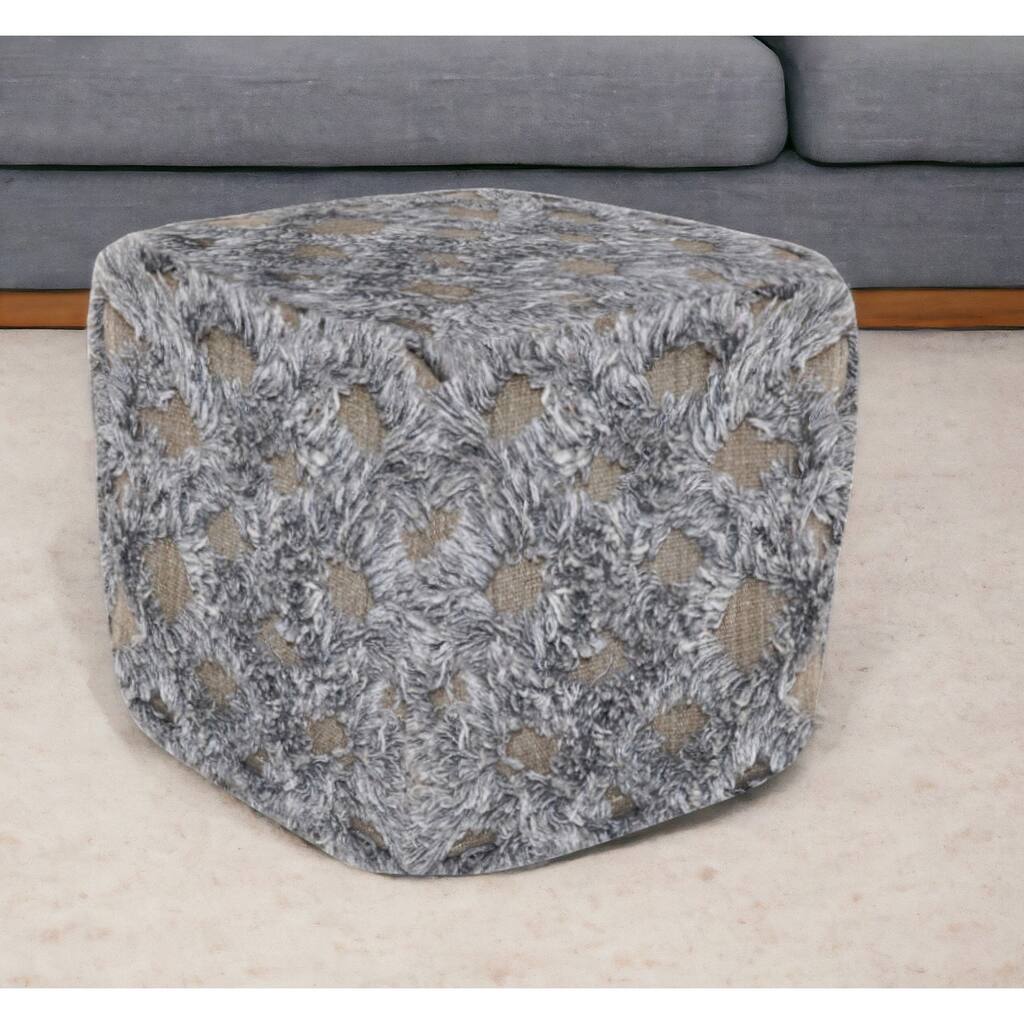 18" Natural and Gray Wool Cotton Blend Cube Geometric Pouf Ottoman