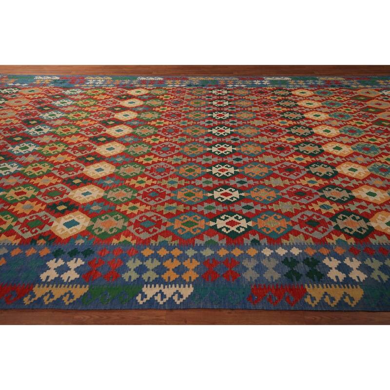 Geometric Kilim Large Rug Hand-Woven Oriental Wool Carpet - 10'2" x 16'1"