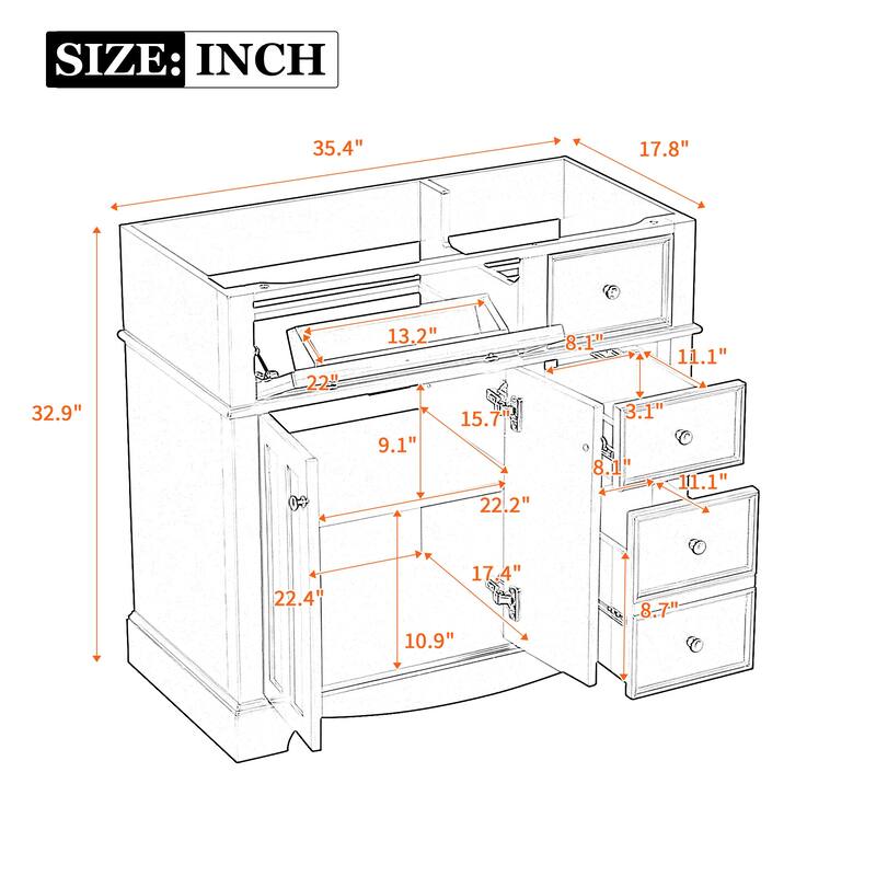 Modern White Bathroom Vanity with 3 Drawers, Soft-Close Hinges, Large Storage, Gold Knobs, and MDF Frame