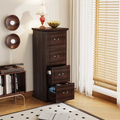 4-Drawers Vertical Storage Cabinet, Tall Dresser Cabinet, Wood Freestanding Floor Storage Cabinet