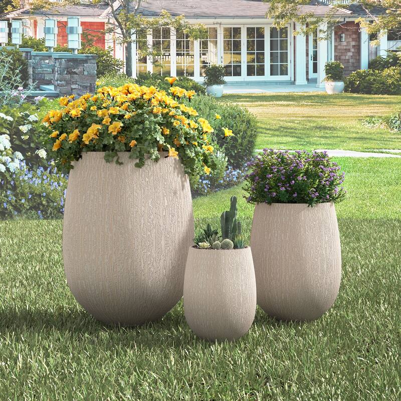 Egg-Shaped Lightweight MGO Outdoor Planter Set of 3,Modern Stone-Look Textured Flower Pots with Drainage Holes and Rubber Plug - Beige