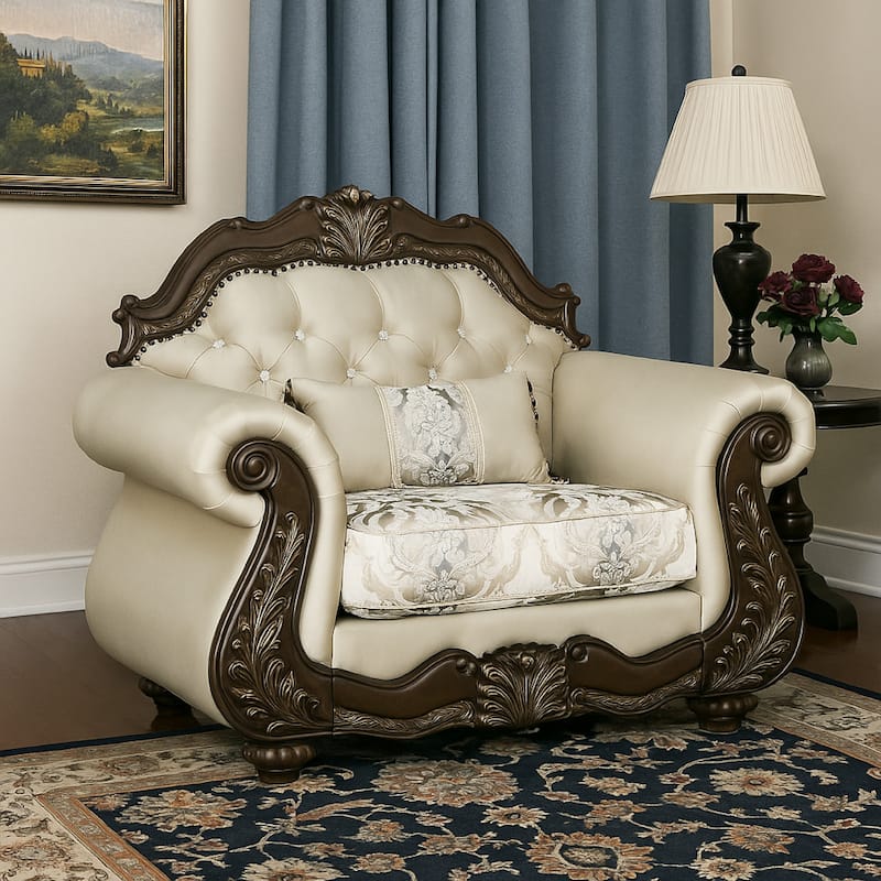 Reese Accent Chair, Floral Classic Cherry Brown Wood, Beige 1 Pillow