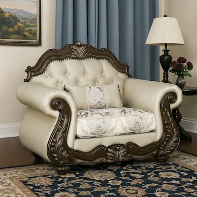 Reese Accent Chair, Floral Classic Cherry Brown Wood, Beige 1 Pillow