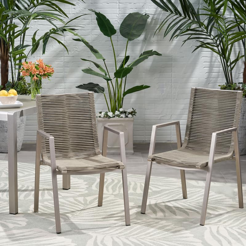 2 Piece Outdoor Modern Aluminum Dining Chair Set with Rope Seat for Patio, Balcony, Backyard
