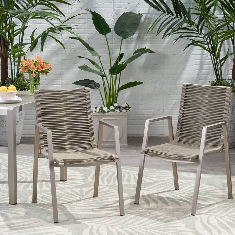 Outdoor Dining Chairs Set of 2, All-Weather Patio Armchairs with Aluminum Frame, Rope Seat for Lawn, Garden & Backyard