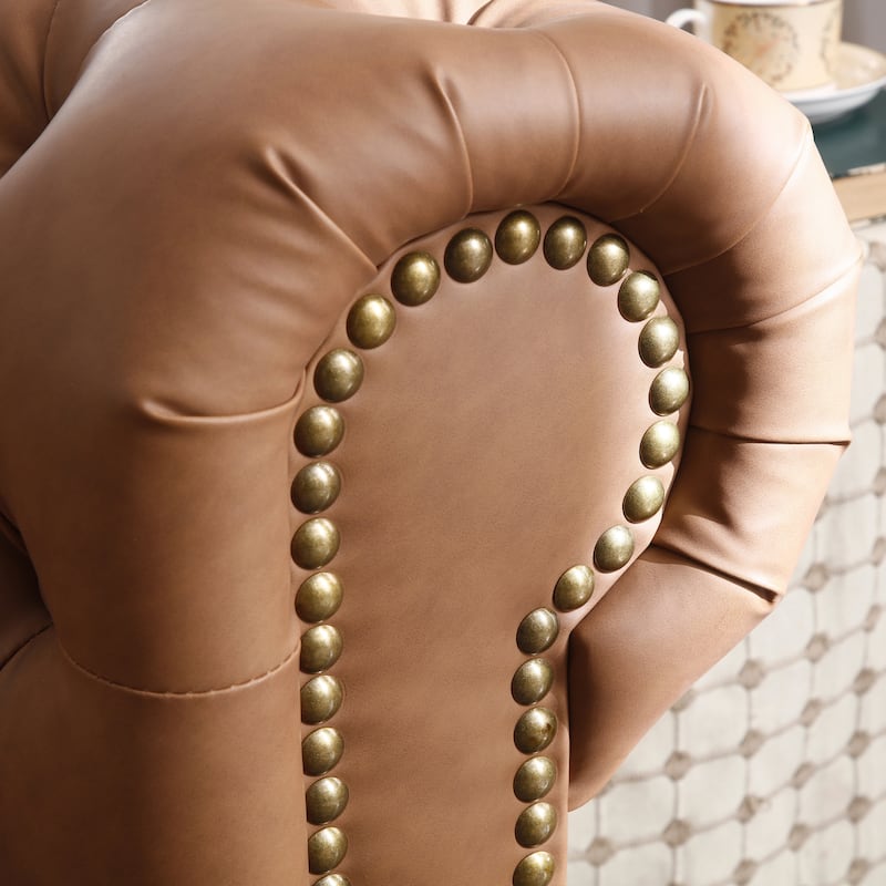Roomfitters Classic Chesterfield Sofa with Rolled Arms, Tufted Faux Leather Couch for Living Room, Brown
