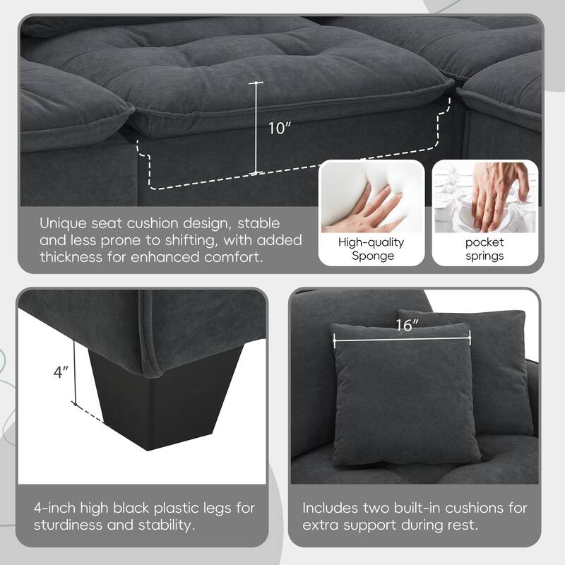 New 100*59" Modern Convertible Sectional Sofa Set, 4 Seat Sleeper Sofa with Ottoman, Dark Gray