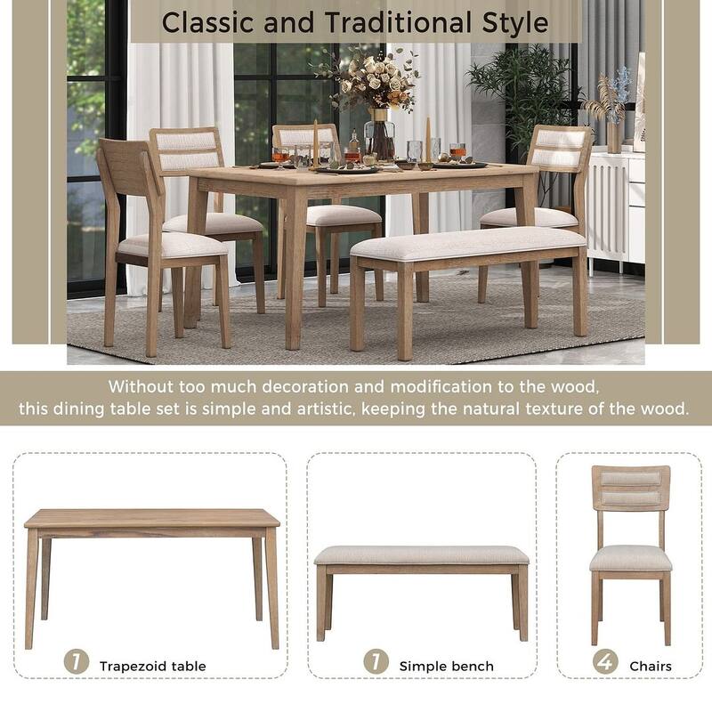 6 PCS Classic Dining Set for 6 with Bench and Upholstered Chairs