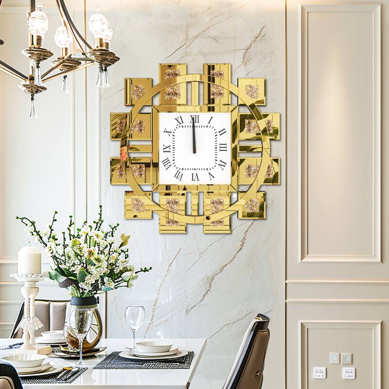 Gold/Silver Irregular Luxury Mirrored Wall Clock w/Crushed Diamond Inlay - 23.62x23.62 inch