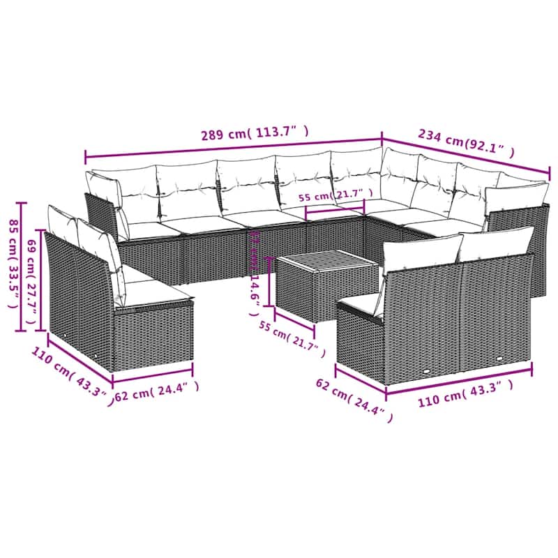 vidaXL 13 Piece Patio Sofa Set with Cushions Black Poly Rattan - 113.7x33.5x92.1