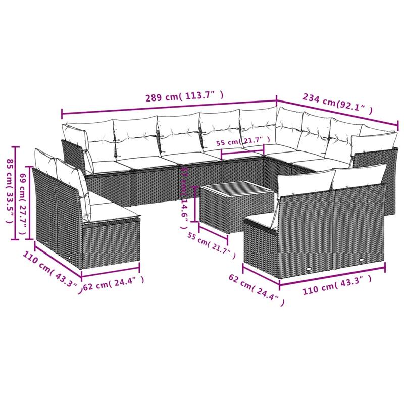 vidaXL 13 Piece Patio Sofa Set with Cushions Grey Poly Rattan - 24.4x 24.4x 27.2