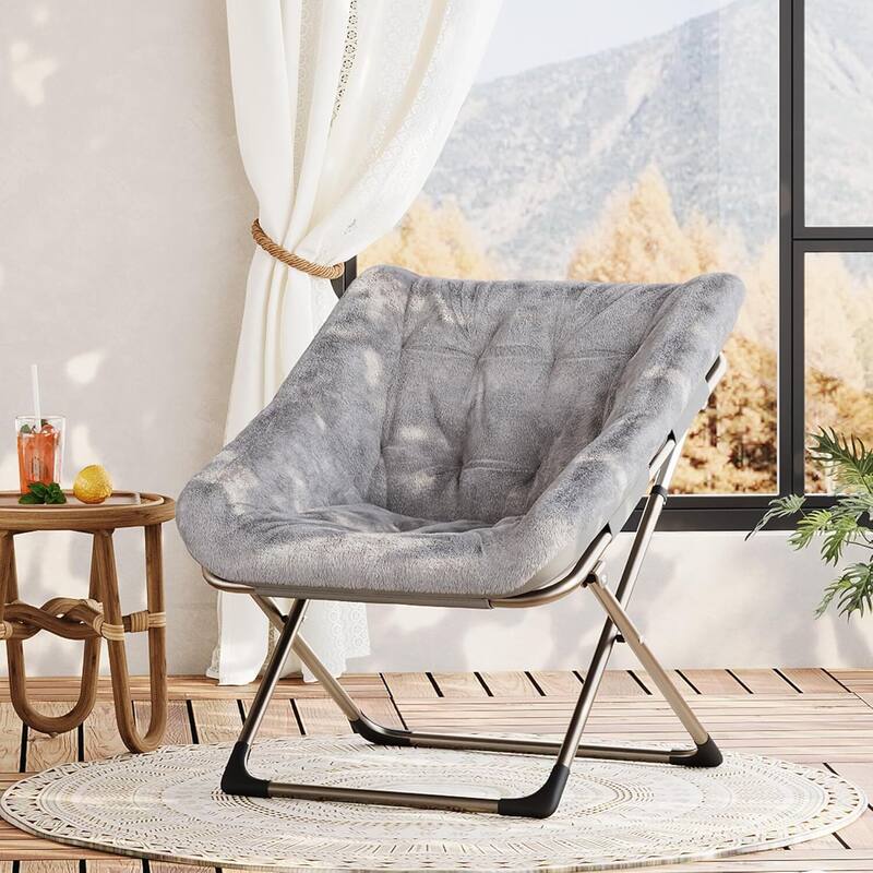 Faux Fur Saucer Foldable Comfy Lazy Sofa Chair for Bedroom Dorm Gaming Room Living Room - Grey