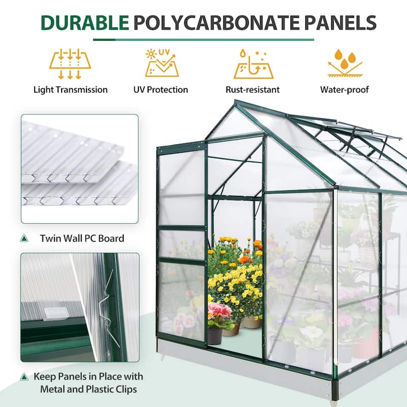 EAGLE PEAK 6x8x7 PC Walk-in Hobby Greenhouse with Adjustable Roof Vent and Rain Gutter,Dark green