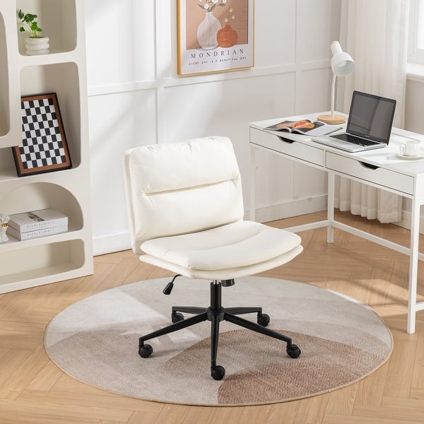 slide 2 of 38, Armless Criss Cross Office Desk Chair, Vanity Chair with Wheels and Thickened Cushion, Ergonomic Adjustable Swivel Task Chair White