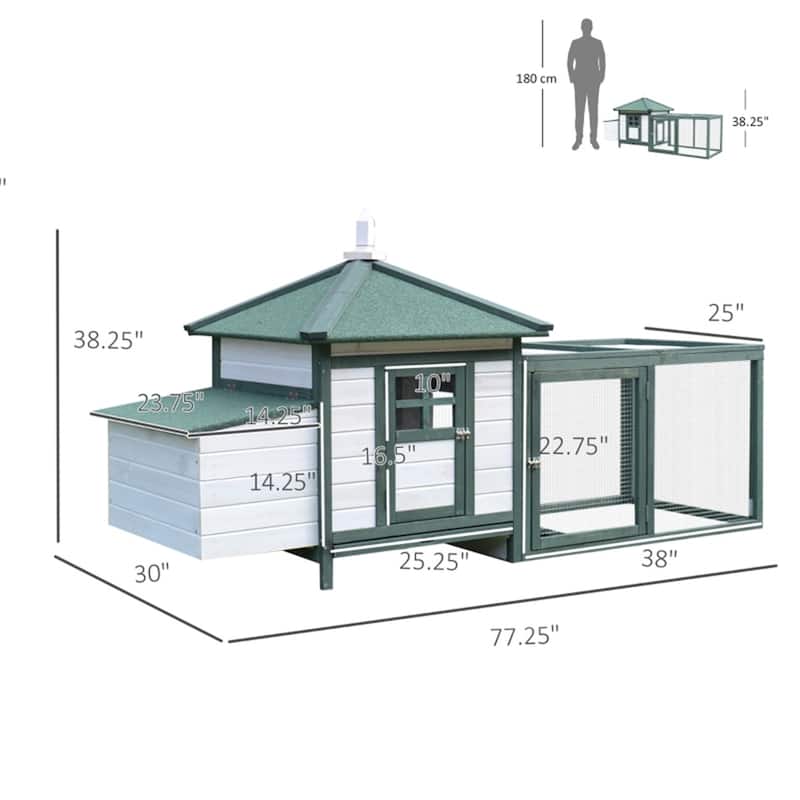 Pine Wood Hen House Coop with Nest Box and Steel Wire Protection - 77.25" L x 30" W x 38.25" H