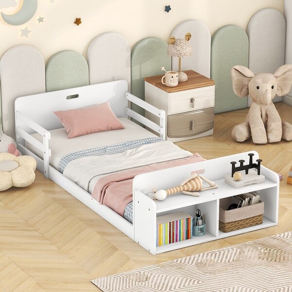 Twin Floor Bed with Storage Footboard Wood Floor Bed Frame with