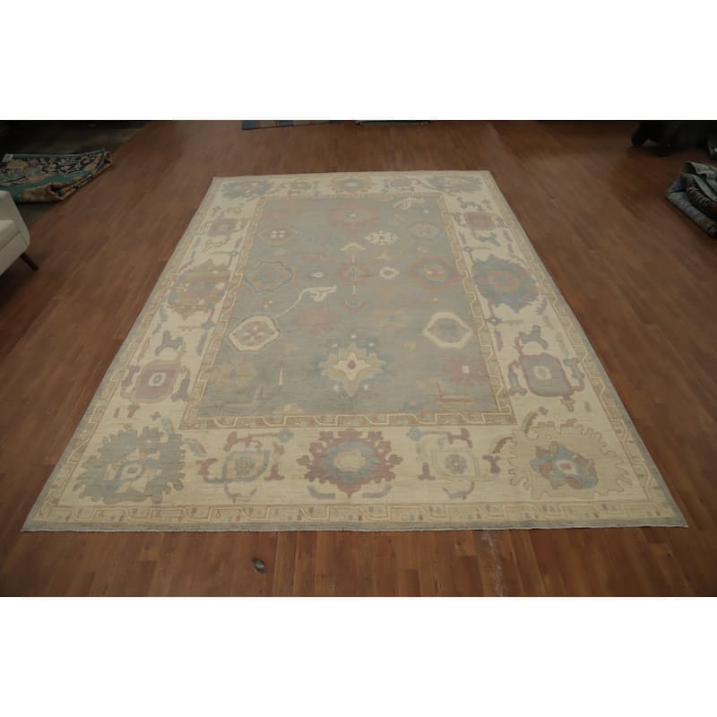 Hand Knotted Oriental 100% Wool Carpet Transitional All-Over Greys & Charcoal Oushak Area Rug - 13' 7'' X 9' 8''