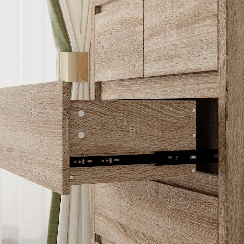 Wood Grain Nightstand,5 Drawers + 3 Hidden Spaces + Flip - Up Top,for Bedroom Privacy