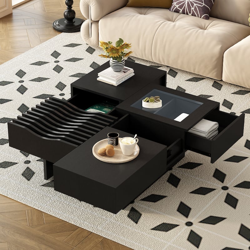 33'' Mid-Century Modern Coffee Table with 3 Drawers, Tempered Glass & Solid Wood Legs for Living Room - 33" D x 33" W x 14.1" H