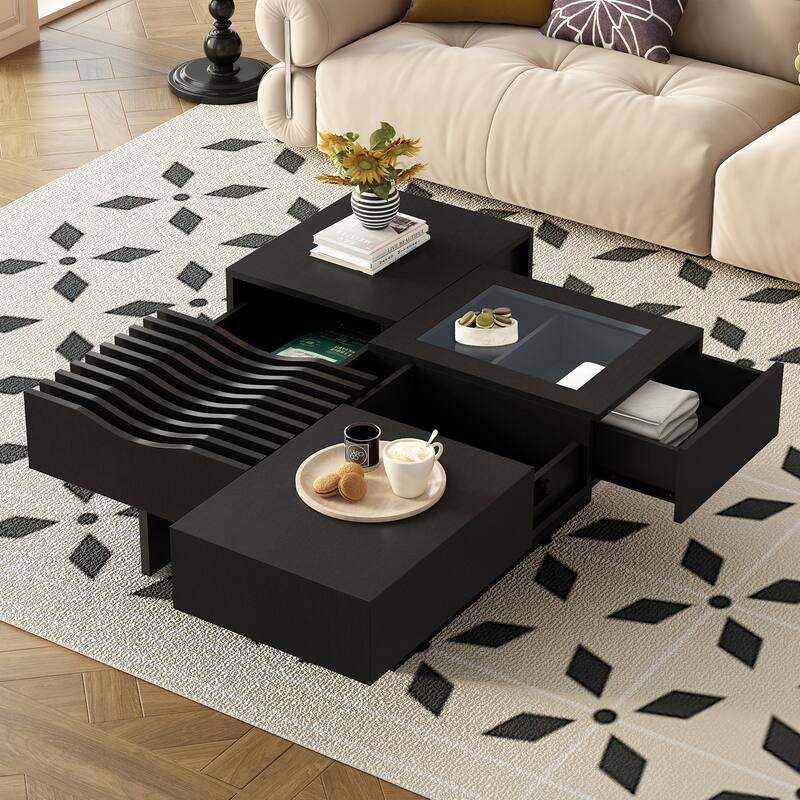 Mid Century Coffee Table with 3 Drawers, 33" Square Wooden Center Table Tea Table with Solid Wood Legs for Living Room