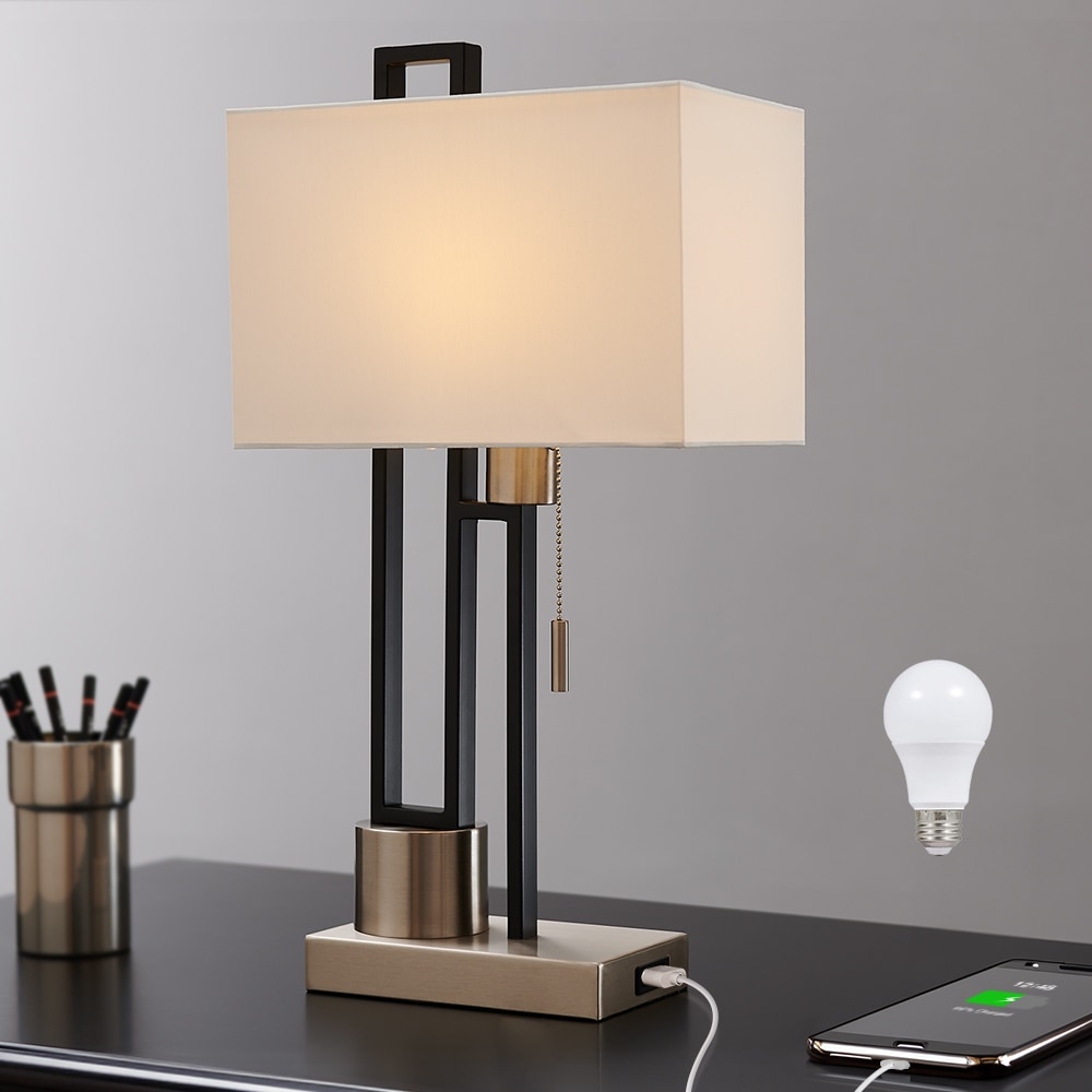 Matte Black/Brushed Nickel Table Lamp with USB Port and White Linen Shade， 9.5W LED Bulb Included