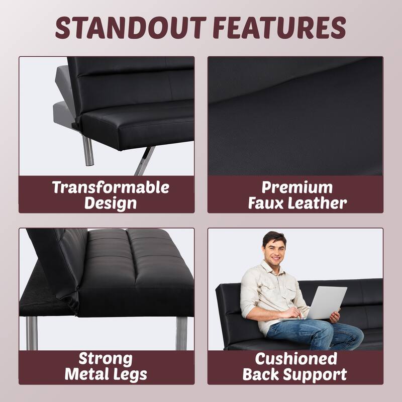 Convertible Faux Leather Futon Sofa Bed - Modern Folding Reclining Couch with Chrome Legs for Small Spaces