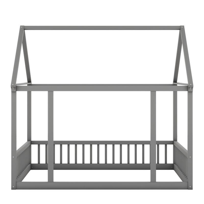 House Floor Bed with House Roof Frame and Safety Guardrails, Twin/Full Size Wooden Floor Montessori Bed House Bed for Kids