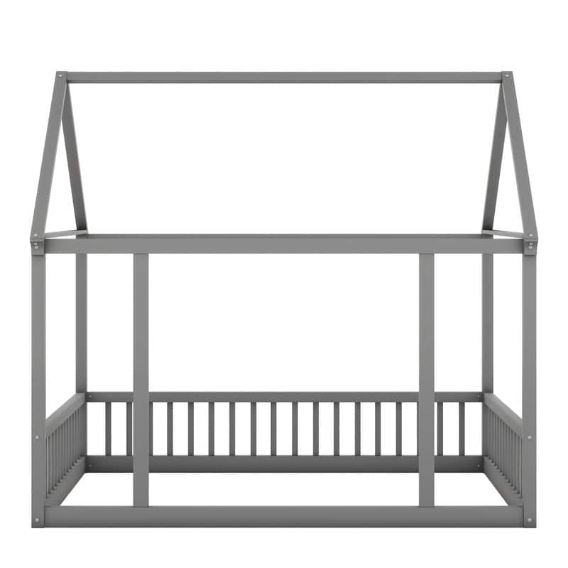 Wooden Floor Bed with House Roof Frame and Safety Guardrails,Twin/Full Size