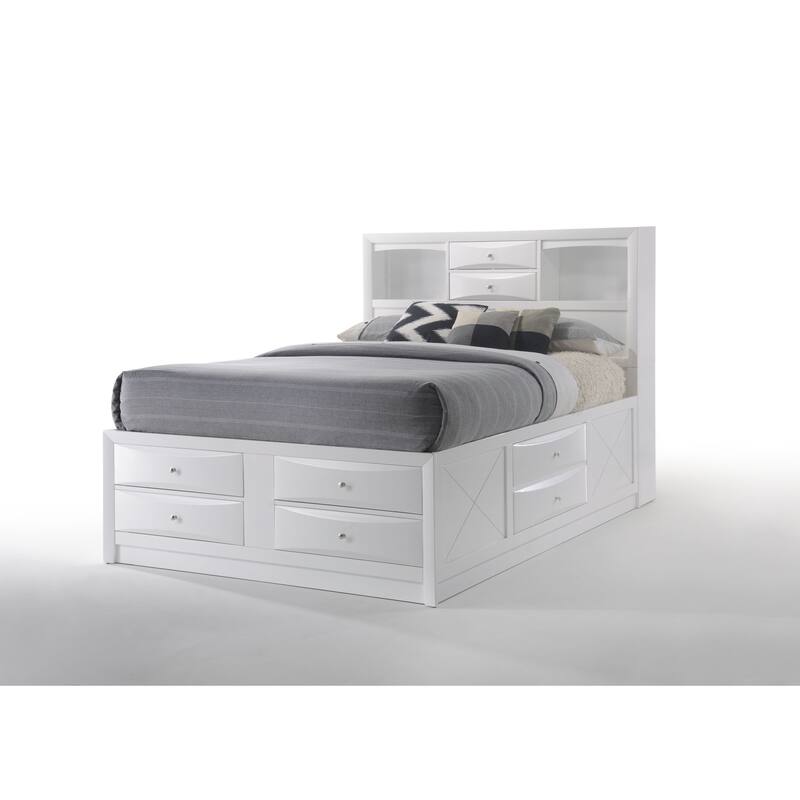 White Queen Storage Bed with 8 Drawers & Bookcase Headboard, No Box Spring Needed