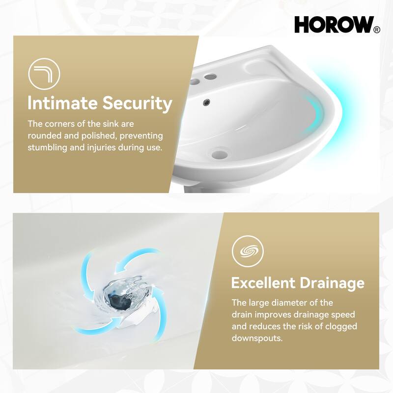 HOROW 21.7 in. W x 18.5 in. D Round Ceramic Pedestal Combo Bathroom Sink in White with Overflow Drain