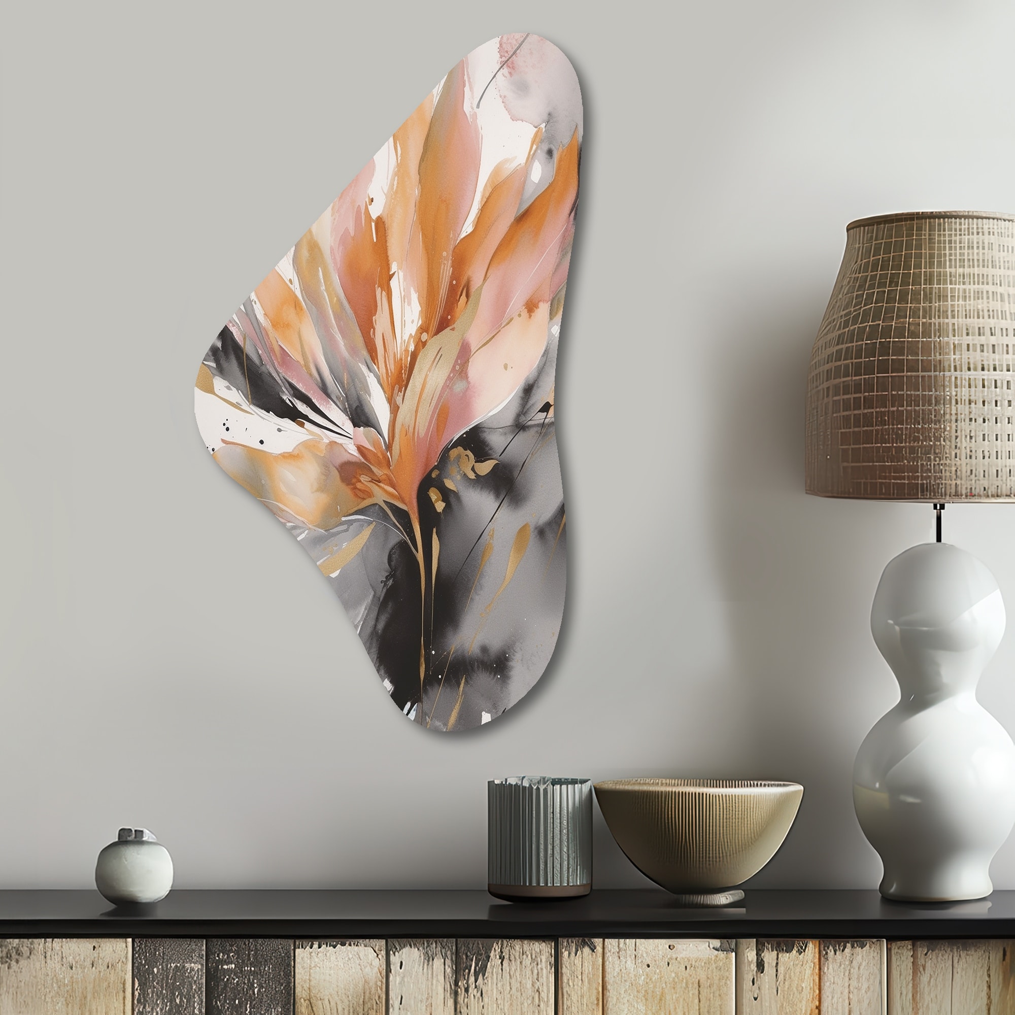 Orange And Grey Mesmerizing Marble Abstraction - Abstract Marble Metal Wall Art - Modern Metal Boomerang Shape Print