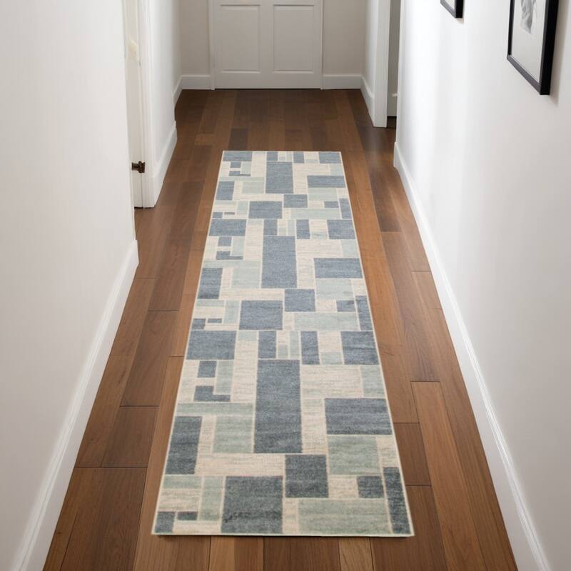 Midi Power Loomed Geometric Low Pile Area Rug By HomeRoots - 96' X '26' X '0.25 - 96' X '26' X '0.25 - Oxford Blue - Runner