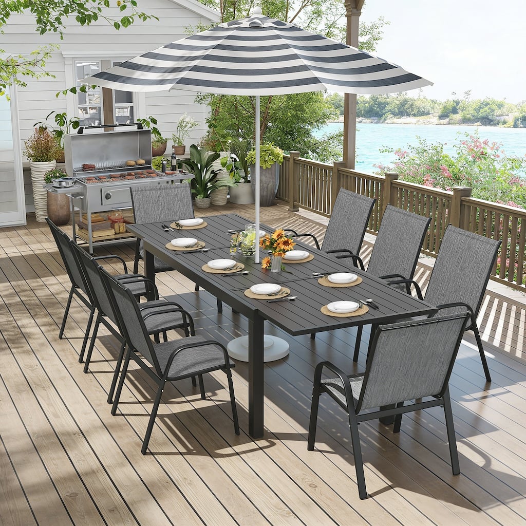 7/9/11-Piece Outdoor Dining Set with Aluminum Rectangular Extendable Patio Table and 6/8/10 Textilene Patio Chairs