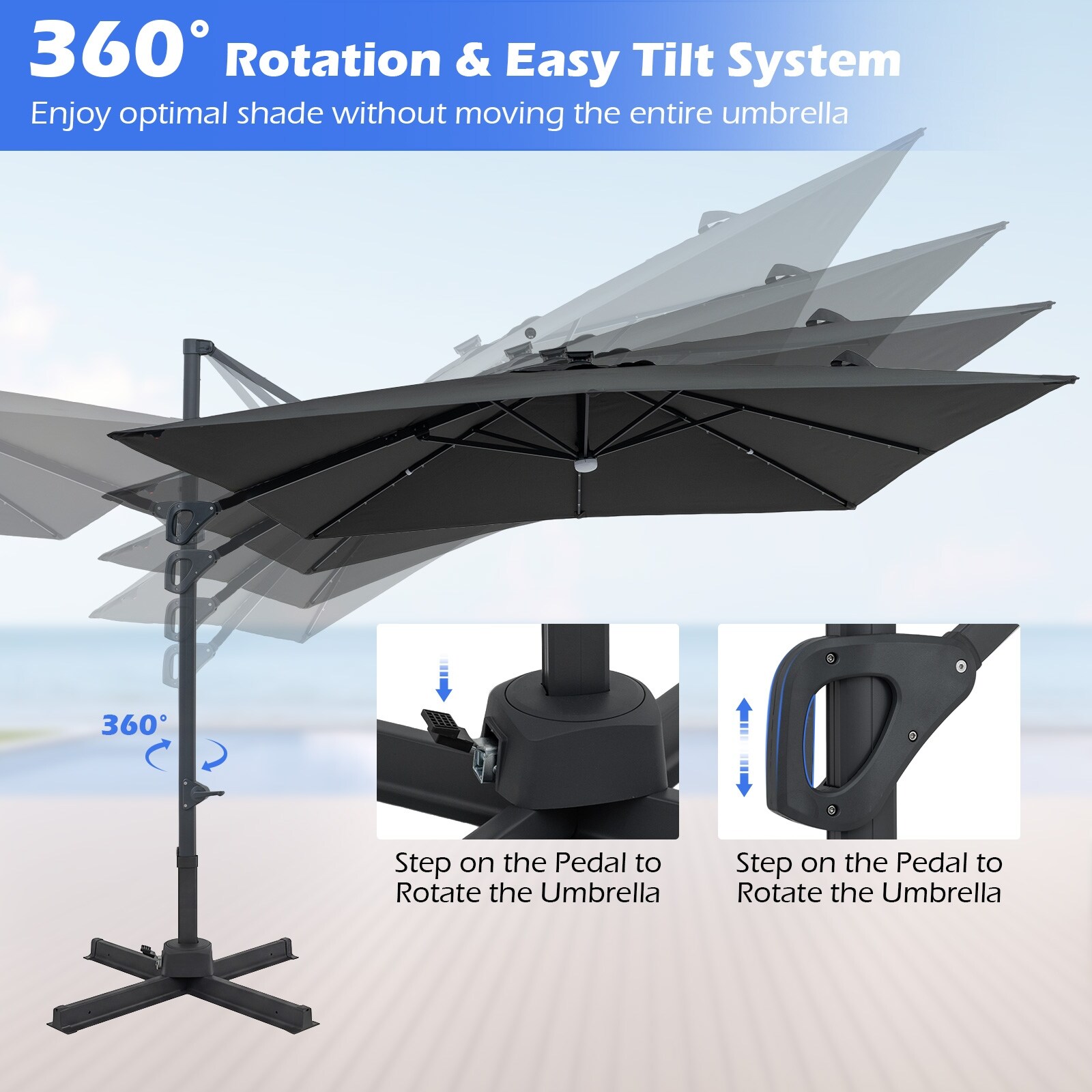 10ft solar led 360-degree rotating cantilever offset patio umbrella w/tilt Best Choice Products Lit Umbrella, Outdoor Hanging Shade or a solar 10FT 360° Rotation Solar Powered
