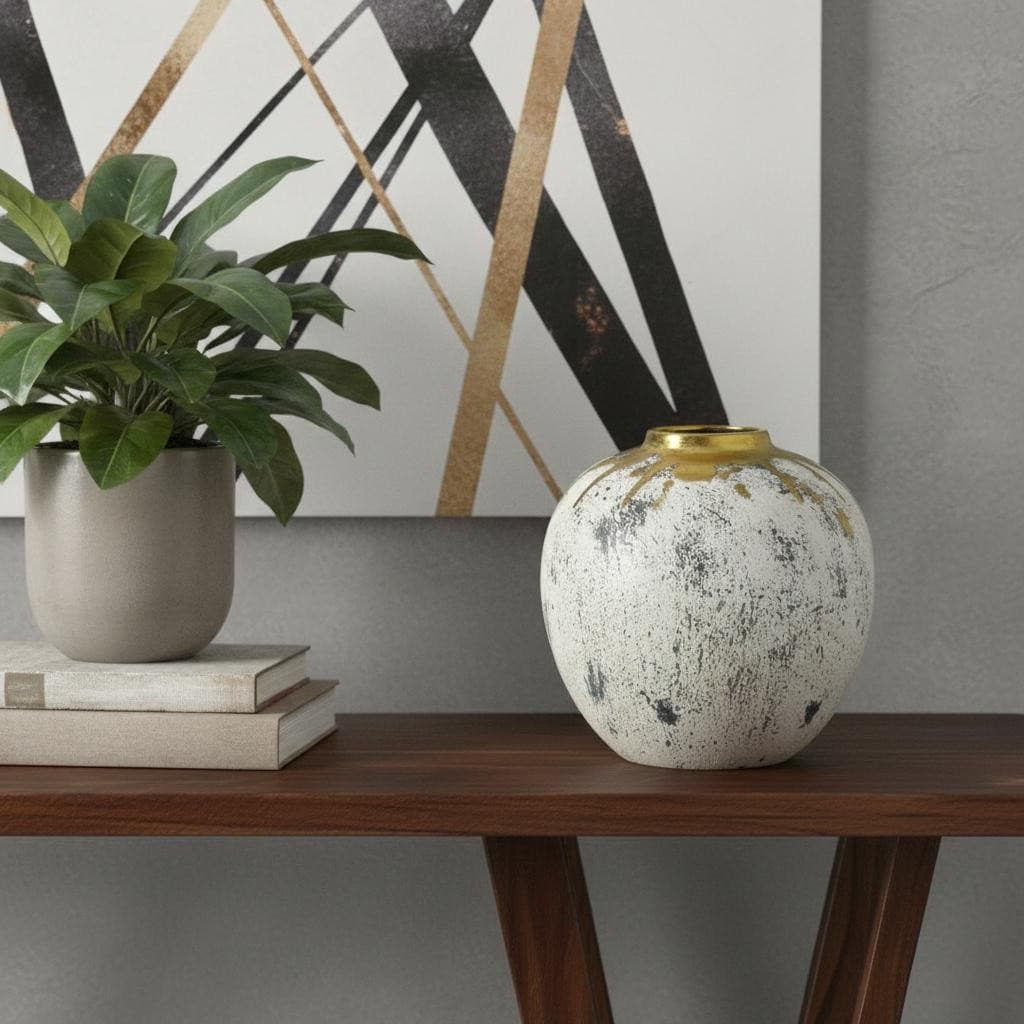 10" Ivory Gray And Gold Abstract Distressed Ceramic Round Table Vase - 9.80