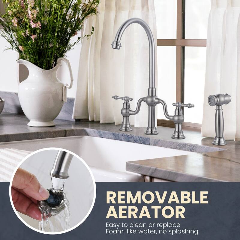 WOWOW Double Handle High Arc Bridge Kitchen Faucet with Side Sprayer