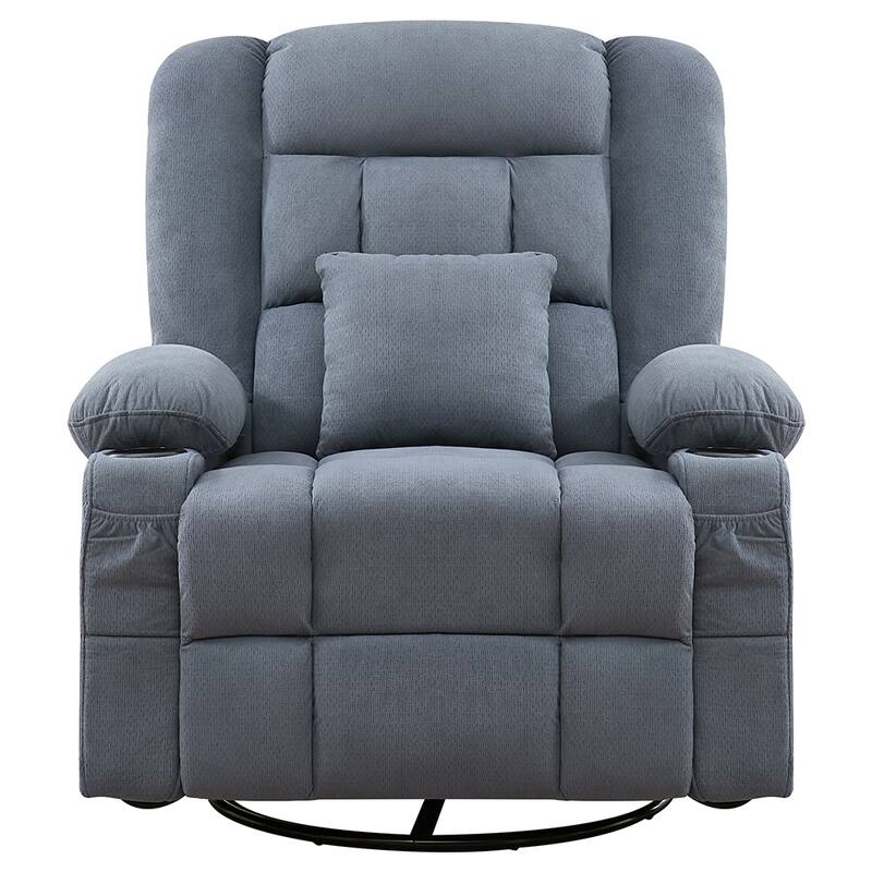HomeRoots 38" Blue Tufted Cotton Blend Heated Massage Manual Swivel Recliner With USB