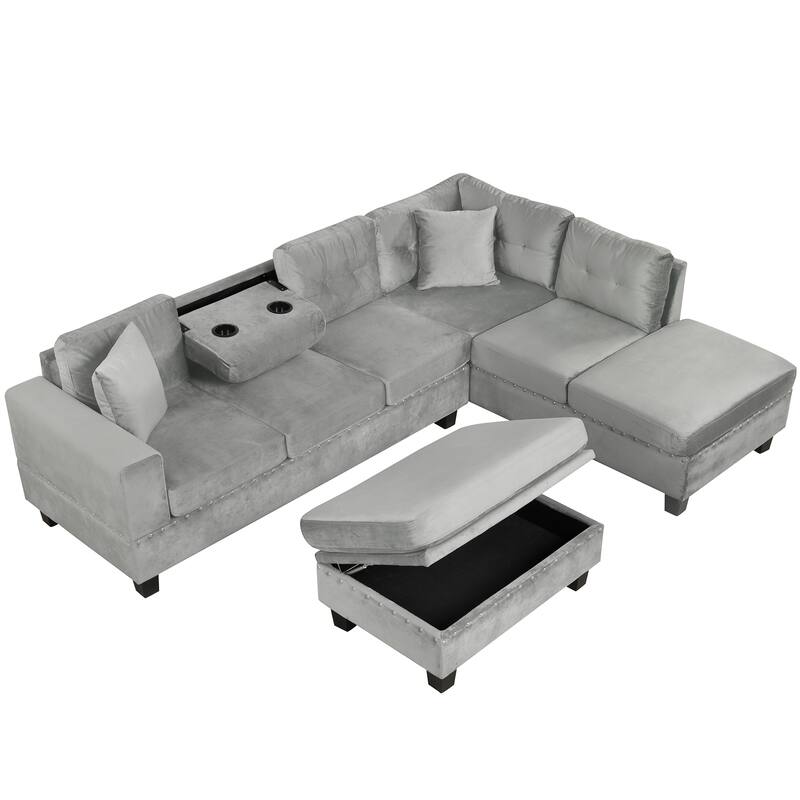 105" L-Shape Sectional Sofa with Storage Ottoman, Reversible Chaise, Pillows, Cup Holders, Gray Velvet