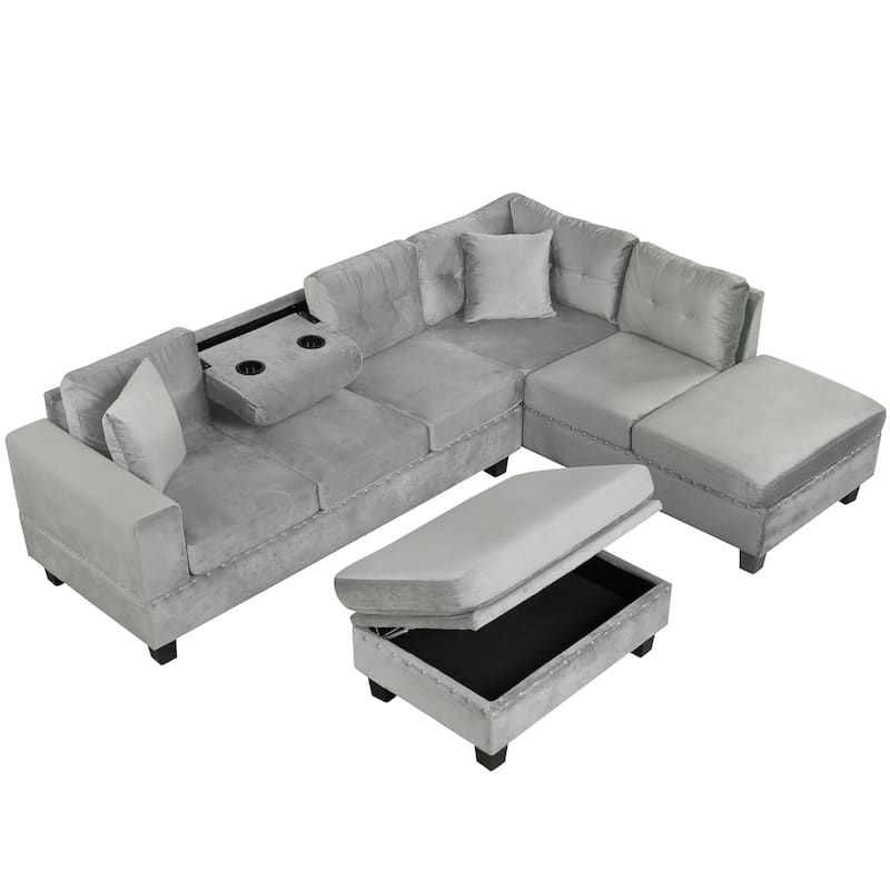 Roomfitters Sectional Sofa with Storage Ottoman, Reversible Chaise, Cup Holders and 2 Pillows for Living Room