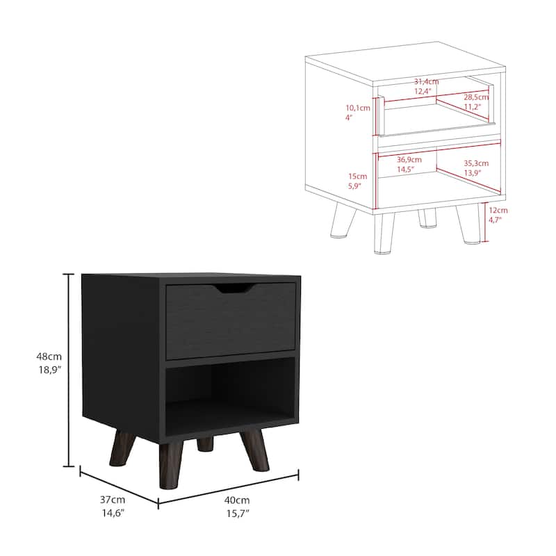 Contemporary Nightstand with Drawer & Open Shelf, Wooden Legs & Modern Design