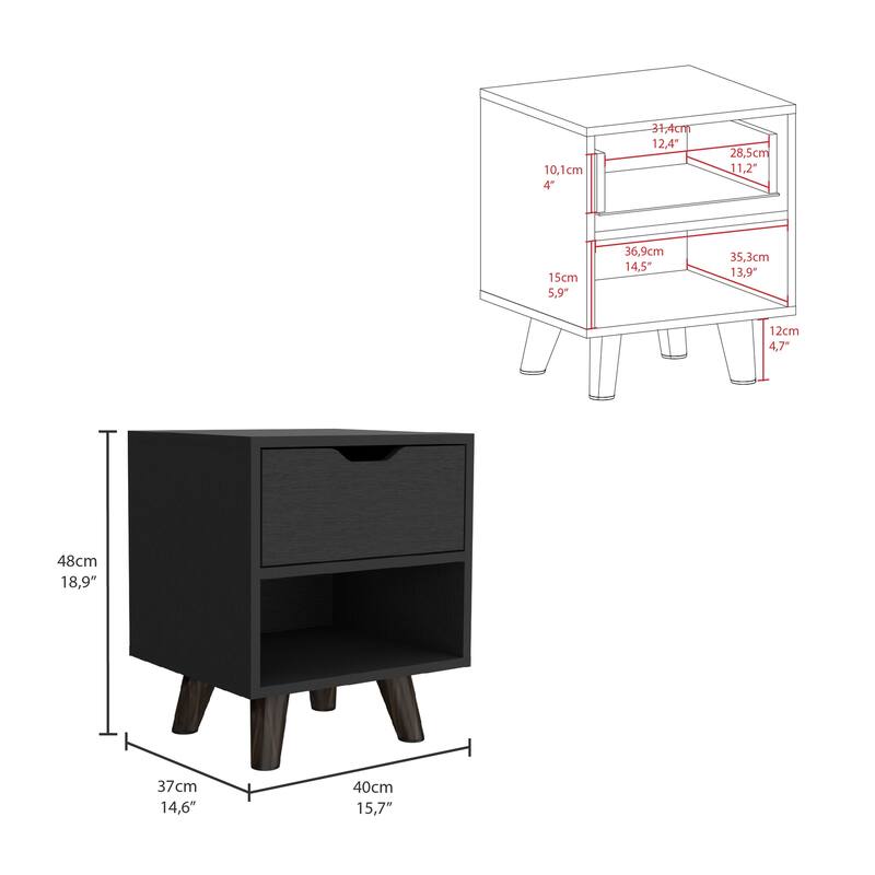 Nightstand with Open Shelf, Drawer, and Wooden Legs