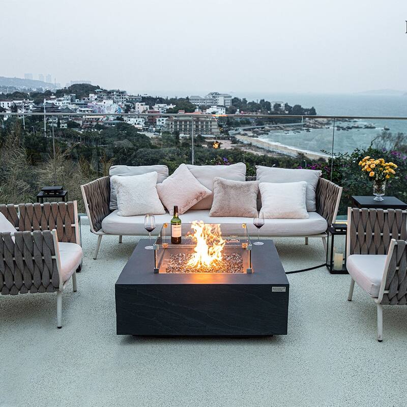 Elementi Plus Capertee Outdoor Fire Pit Table Concrete Square 60000 BTU - 40 x 40 inches with Lid, Fire Glass, and Cover