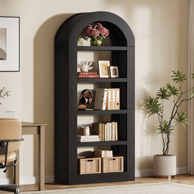 5-Tier Brown Wooden Open Bookcase Display Shelves Organizer - Black