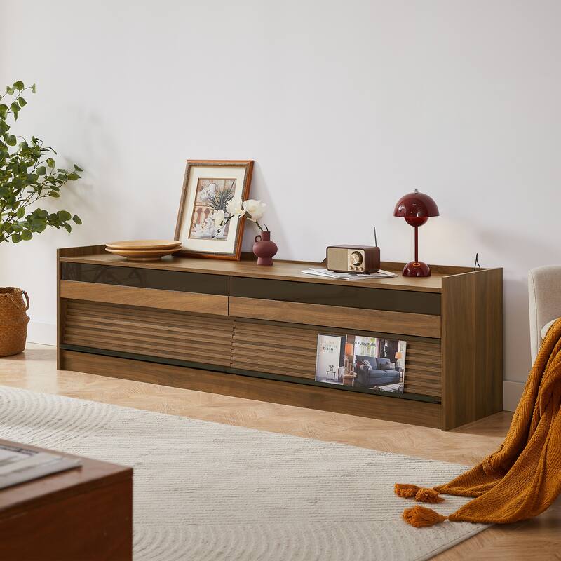 68.9" TV Stand with Glass Front Drawers and LED Charging Station