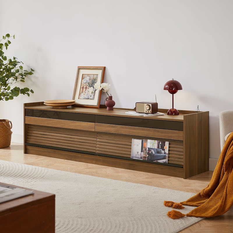 LED TV Stand for TVs up to 80" Wood TV Console with 4 Storage Drawer Media Console Table with Built-in Charging Ports