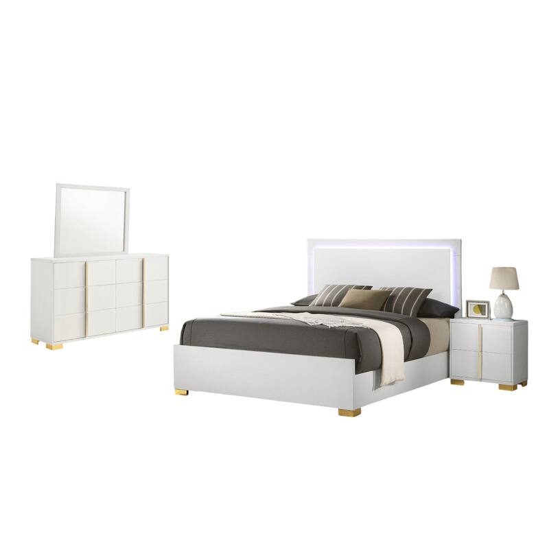 Dex 4 Piece Full Bedroom Set, White, Gold Accents, LED Headboard