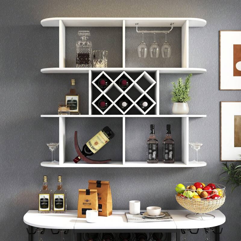 Cusp Barn Farmhouse Wooden Wall Mounted 3 Tier Bottle Wine Rack, Storage Rack with Wine Glass Holder for Home Bar Dining Room - White